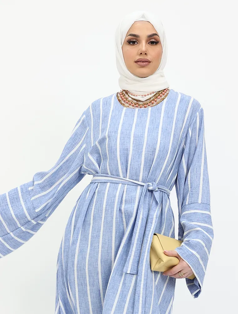 Blue Linen Feel Striped Belted Abaya